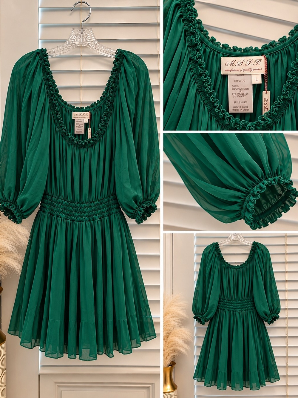 M.S.S.P. Emerald Green Puff-Sleeve Chiffon Cocktail Dress